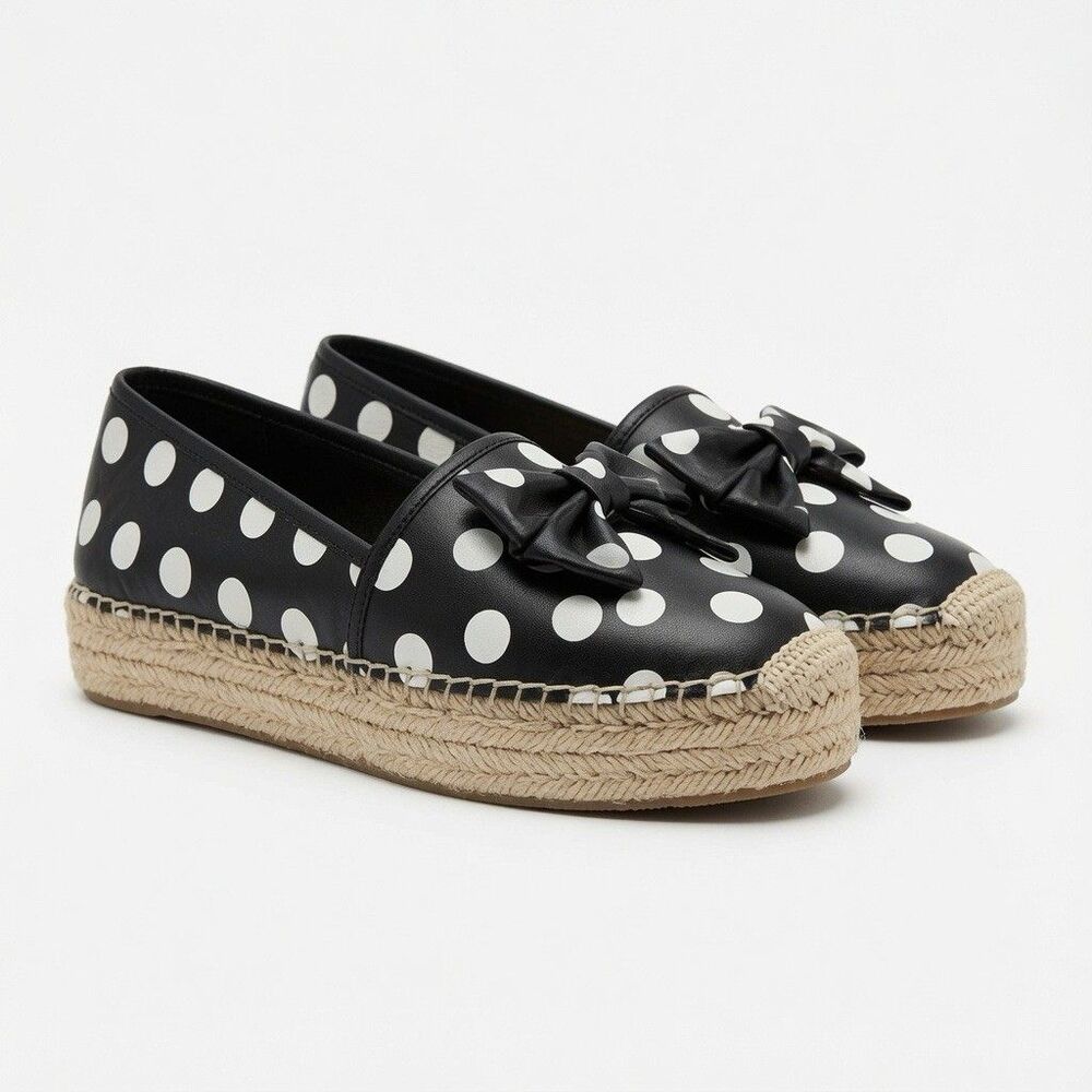 Kate Spade Espadrille Flats Size 10.5 Black Dots Bow Canvas Slip On Resortwear